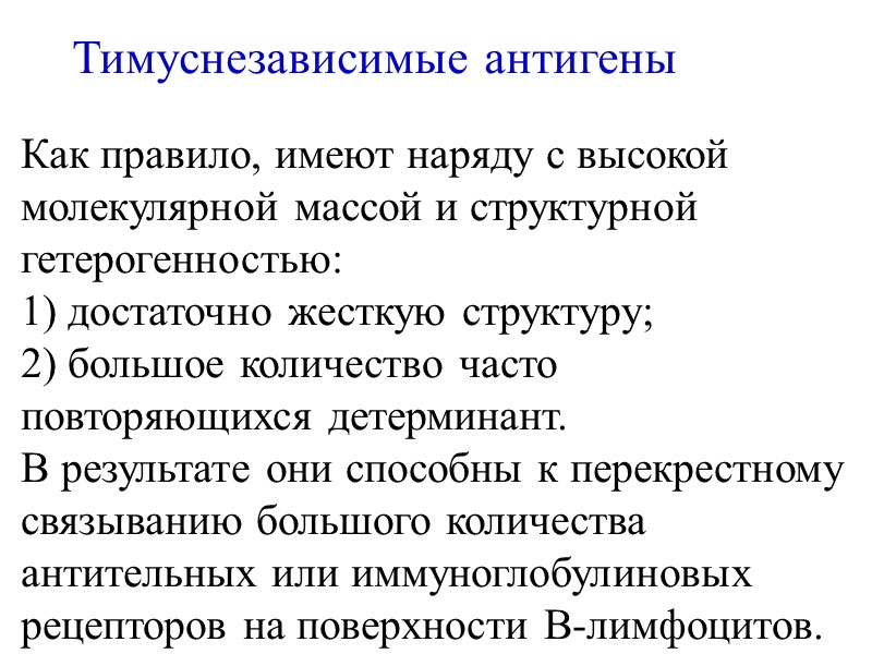 Тимуснезависимые антигены Как правило, имеют наряду с высокой молекулярной массой и структурной  гетерогенностью: